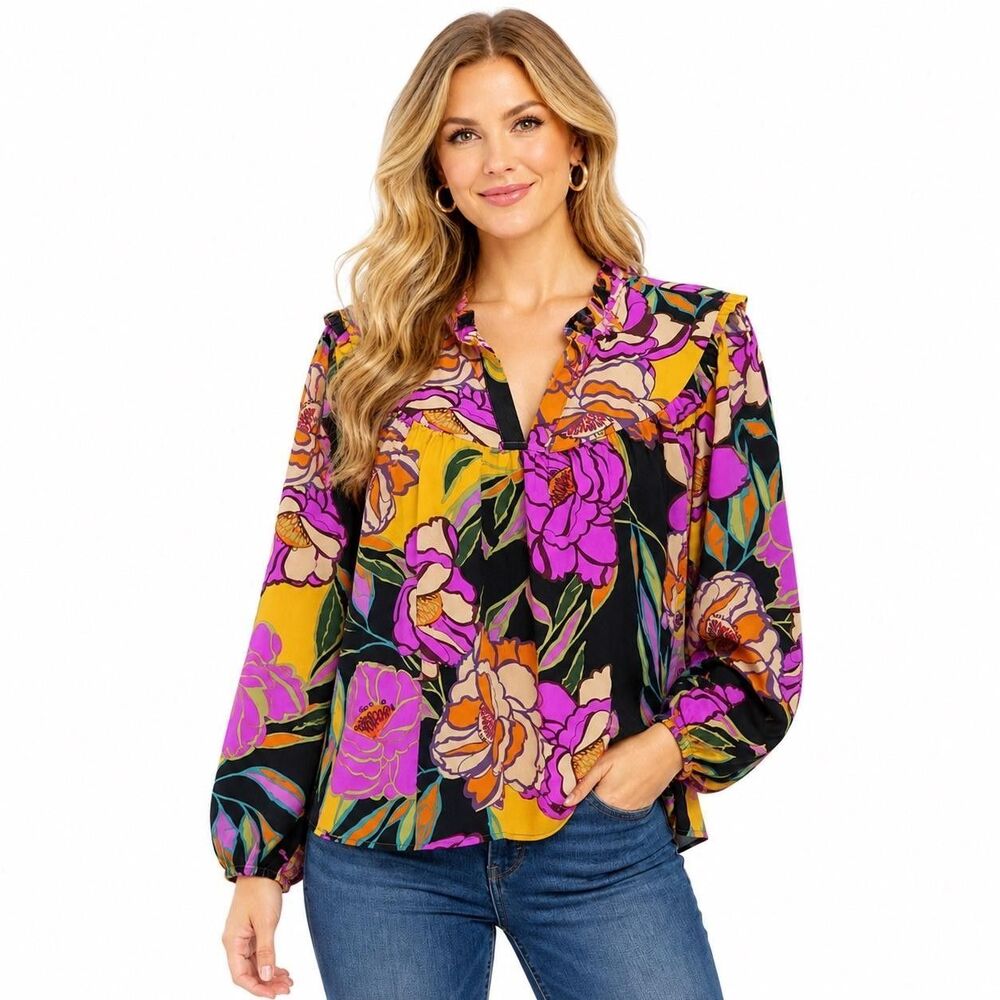 Oddi Blouse Womens Medium Multicolor Floral V Neck Long Balloon Sleeve Top Boho